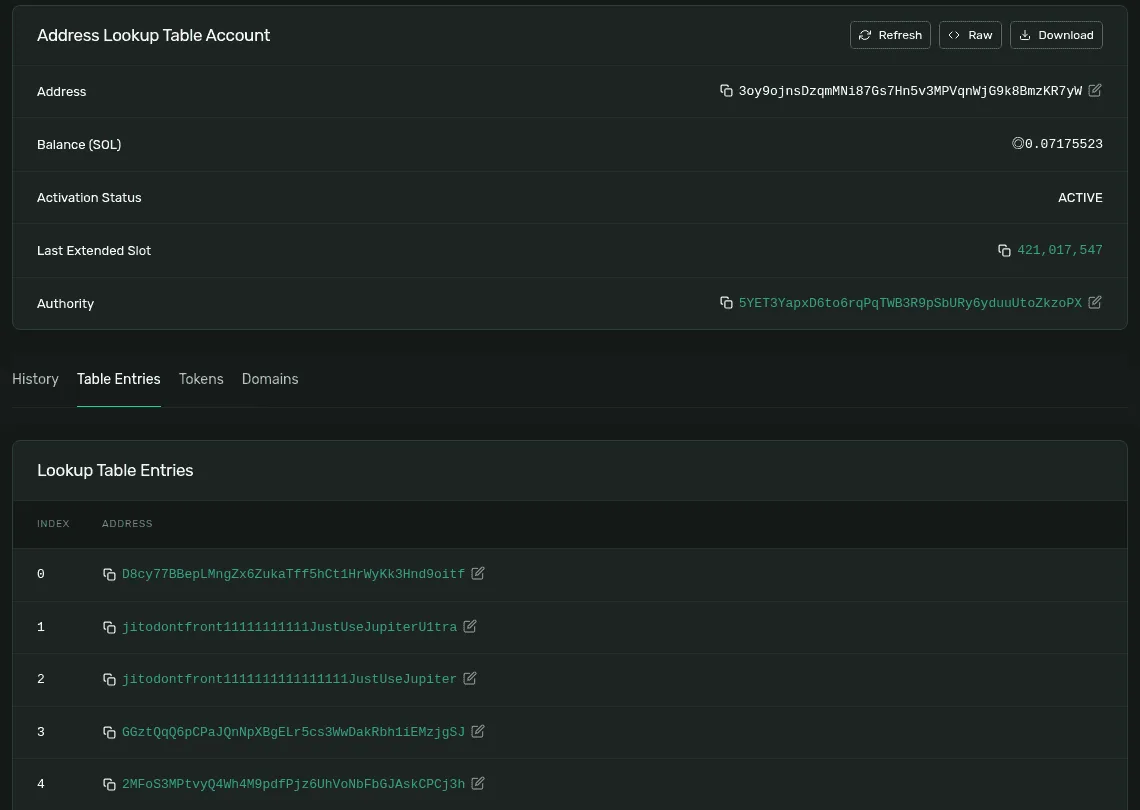 Solana Explorer's page for an address lookup table: activation status, last extended slot, authority, and the first entries