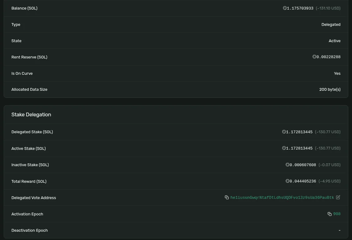 Solana Explorer's page for a delegated stake account: balance, type, state, rent reserve, delegated and active stake, rewards, the vote address and activation epoch