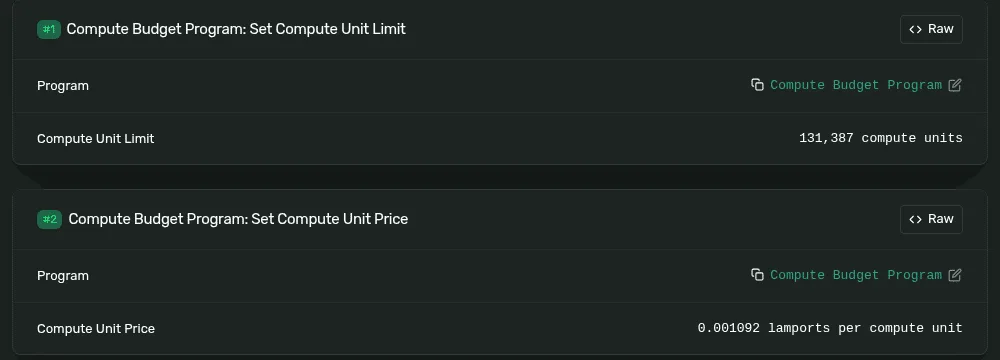 Solana Explorer showing the two Compute Budget instructions at the front of a swap: a compute unit limit of 131,387 and a price of 0.001092 lamports per unit