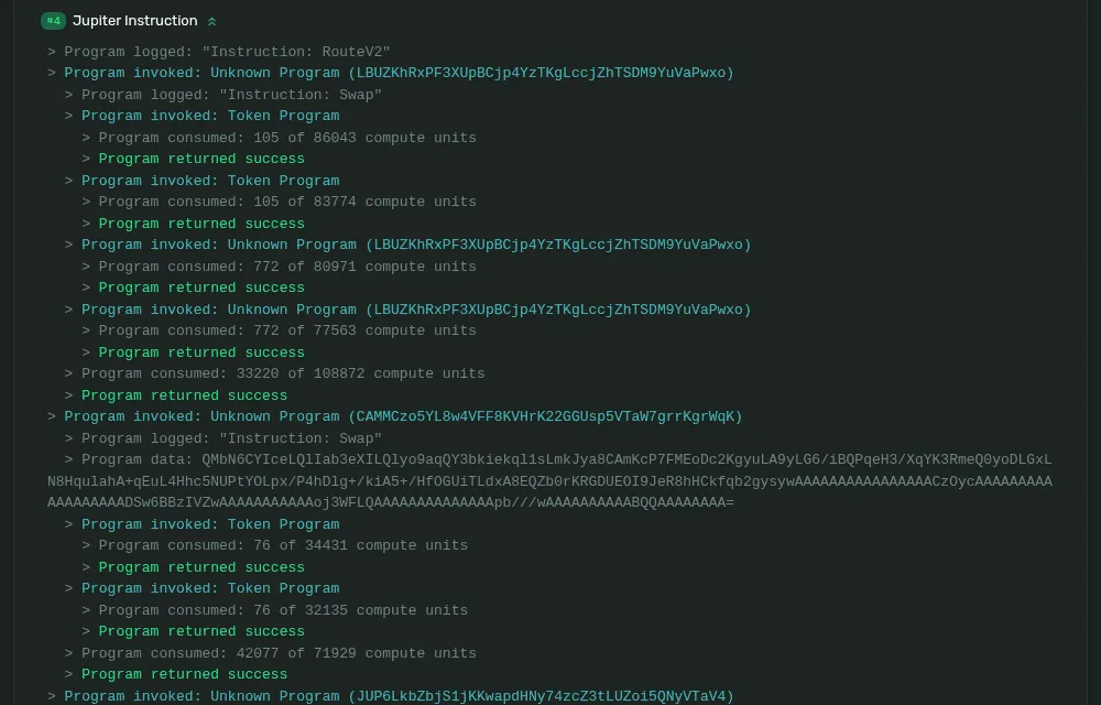 Solana Explorer's parsed program logs for a Jupiter swap, showing nested program invocations three levels deep with compute consumed at each level