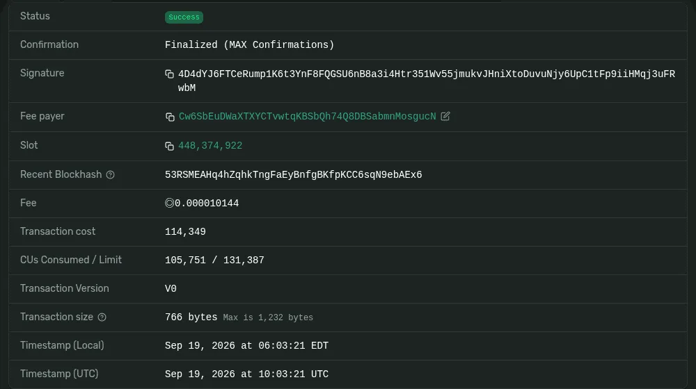 Solana Explorer's summary for a v0 swap: fee payer, blockhash, fee, cost, compute, version V0 and a size of 766 of 1,232 bytes