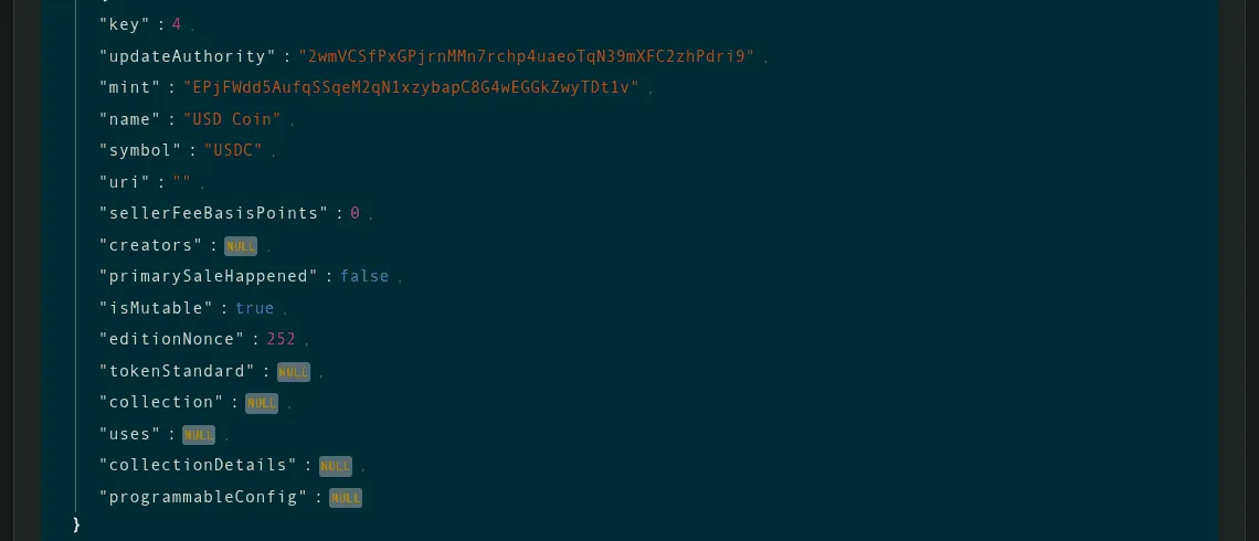 Solana Explorer's decoded Metaplex metadata for USDC: update authority, mint, name, symbol, an empty URI and isMutable true