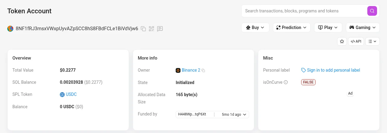 Solscan's page for an empty USDC token account owned by an exchange wallet: SOL balance 0.00203928, token balance 0, 165 bytes