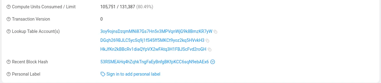 Solscan's fee panel listing the three lookup table accounts the swap used