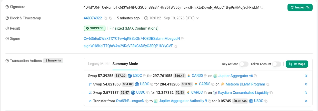 Solscan's overview of a finalized swap: signature, slot and timestamp, result, two signers and the decoded transaction actions