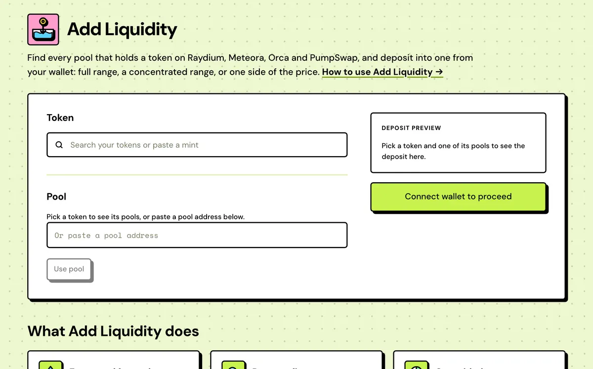 Add Liquidity on Solstack: Find every pool that holds a token on Raydium, Meteora, Orca and PumpSwap, and deposit into one from your wallet.