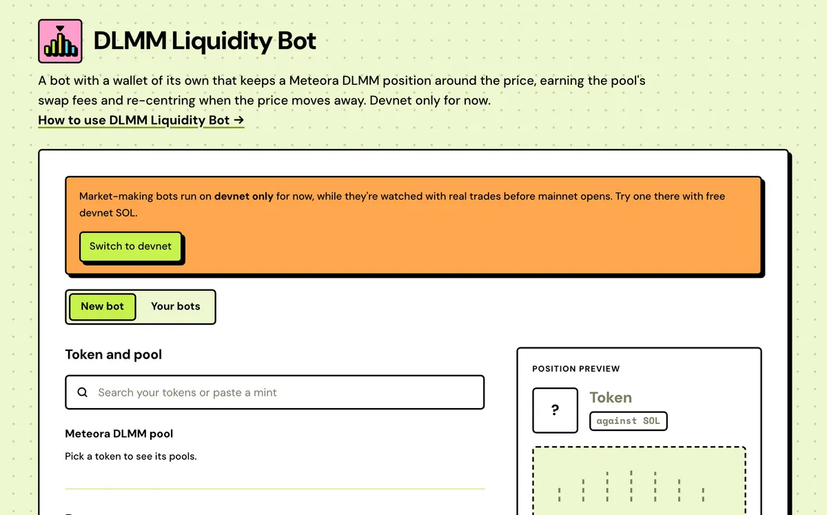 DLMM Liquidity Bot on Solstack: A bot that keeps a Meteora DLMM position around the price, earning swap fees and re-centring when the price moves away.