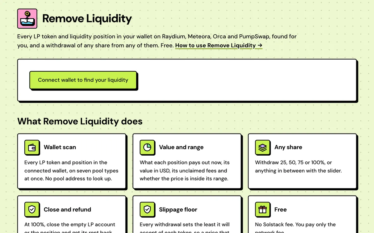 Remove Liquidity on Solstack: Find every LP token and liquidity position in your wallet on Raydium, Meteora, Orca and PumpSwap, and withdraw from any of them.