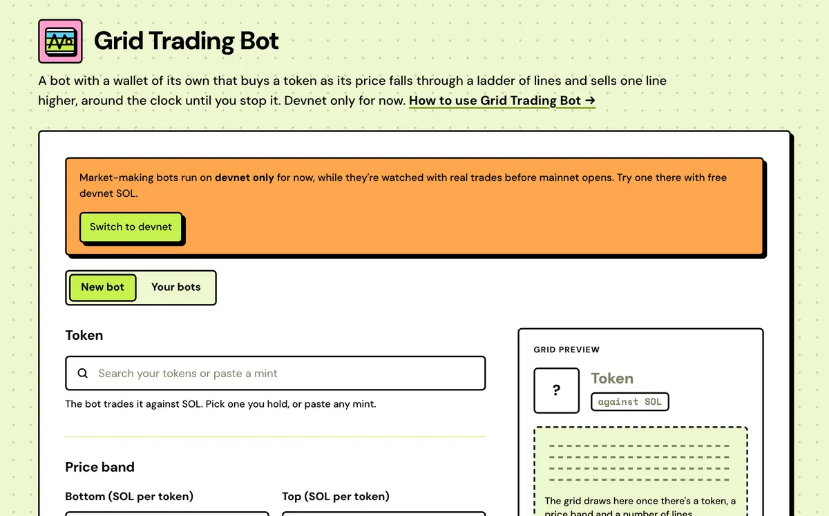 Grid Trading Bot on Solstack: A bot that buys a token as its price falls through a ladder of lines and sells one line higher, from a wallet of its own.
